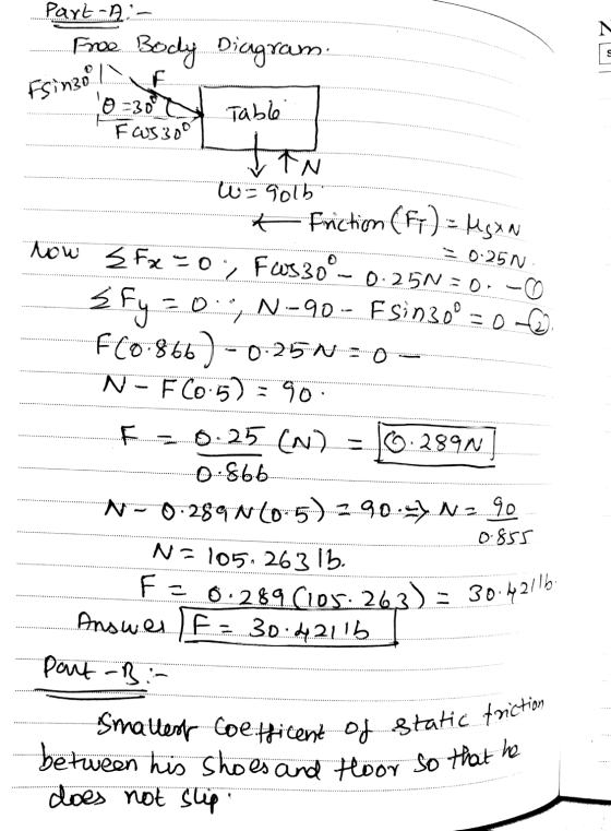 Free Body Fsino ton 0:25N F-0.289.Clos: 263) = 30.42116 Smallest Coefficent of static friction between his shoes and Hoor so