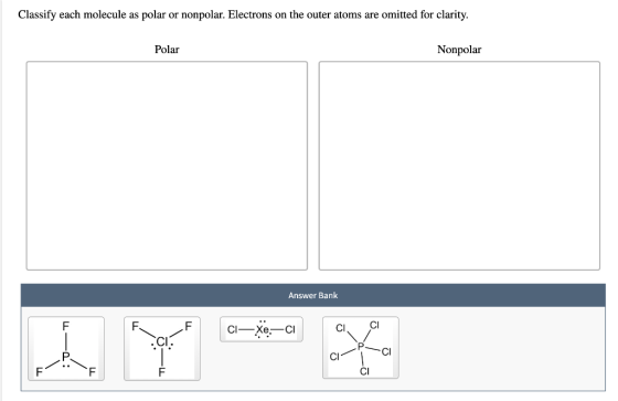 Classify each molecule as polar or nonpolar. Electrons on the outer atoms are omitted for clarity. Polar Nonpolar Answer Bank