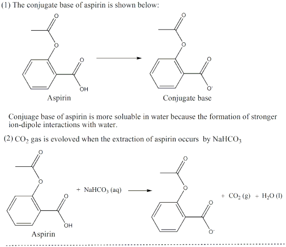 (1) The conjugate base of aspirin is shown below ?? Aspirin Conjugate base Conjuage base of aspirin is more soluable in water because the formation of stronger ion-dipole interactions with water (2) CO2 gas is evoloved when the extraction of aspirin occurs by NaHCO3 + NaHCO (aq + CO2 (g) + H2O (l) ?? Aspirin