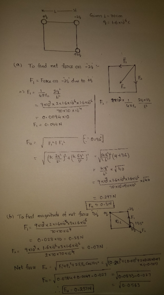 24 Given L- 70cm (a) To find net foscoom-29- h-F0X4 ση -29, due to +9 . ,6-90 xi4o 0.297 N -29 (b) To find magnitude of rutftu z,ち Fi F2 2x70x70 ōzq x (-o 701) 0.0833-0 02 0.0563 F 0.237N