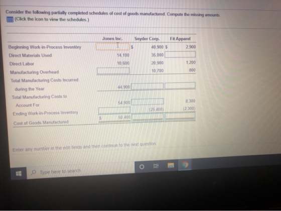 Consider the following partially completed schedules of cost of goods manufactured. Compute the missing amounts (Click the ic
