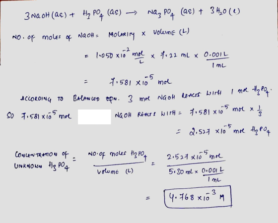 m 0 X10 ImL 3 Na OH(ac) + Hz PO4 (ar) → Naz P04 (aq) + 34,0 (1) No. of moles of NaOH = Mouriry x VOWME (L) = 1050 xiół mof x