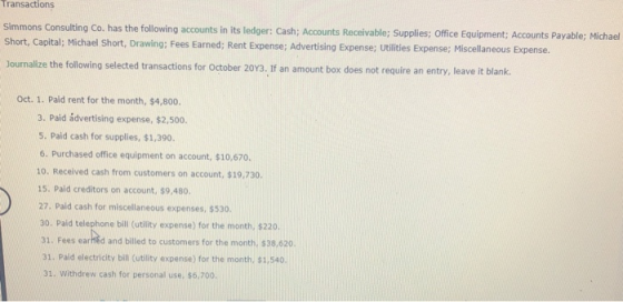 Transactions Simmons Consulting Co. has the following accounts in its ledger: Cash; Accounts Receivable; Supplies; Office Equ