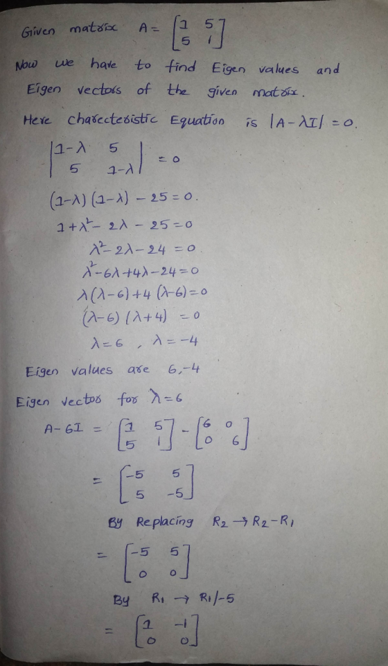 Given matric A= 5] 5 Now we have to find Eigen values and Eigen vectors of the given matsie. Here charecteristic Equation is