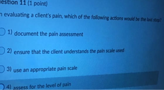 Hestion 11 (1 point) n evaluating a clients pain, which of the following actions would be the last step? 1) document the pai