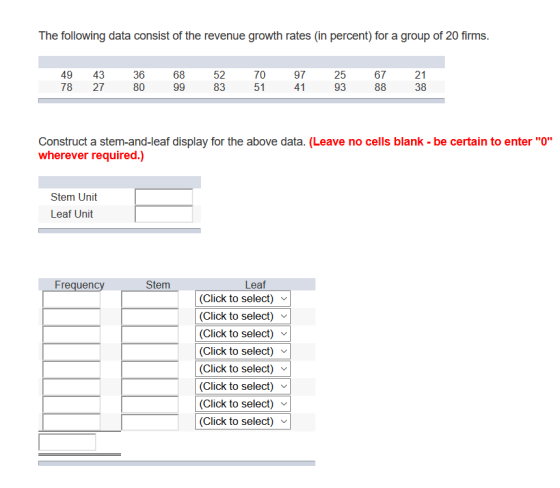 The following data consist of the revenue growth rates (in percent) for a group of 20 firms 36 80 68 52 83 70 51 97 67 49 43 78 27 25 93 21 38 Construct a stem-and-leaf display for the above data. (Leave no cells blank - be certain to entero wherever required.) Stem Unit Leaf Unit Frequenc Stem Leaf (Click to select) v (Click to select) v (Click to select) v (Click to select) v (Click to select) v (Click to select) v (Click to select) v (Click to select)