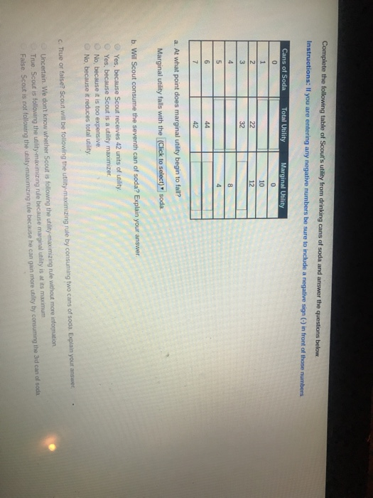 Complete the following table of Scouts utility from drinking cans of soda and answer the questions below. Instructions: If y
