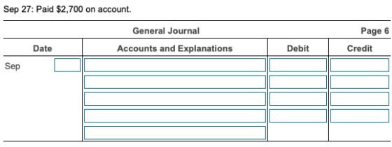 Sep 27: Paid $2,700 on account. General Journal Page 6 Date Accounts and Explanations Debit Credit Sep