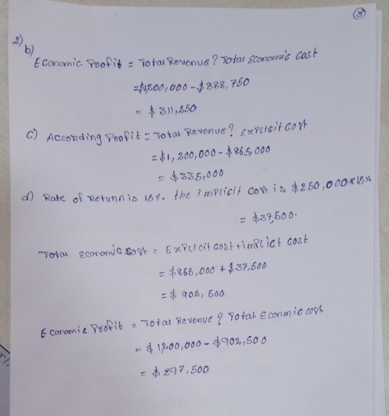 2) b) Economic. TooPit . Totou Revenue ? Volnu sarnon16 Gas t zhZ00, 000- ㄈ多311,260 888 ,750 Totai Revemue 二电1,200,000-$885,000 335,000 d) Rote of metun = 4.33600. = 866,000 t $37,500 $90%, 600 C 4 1200.000-490%,500 ㄠ未297,500