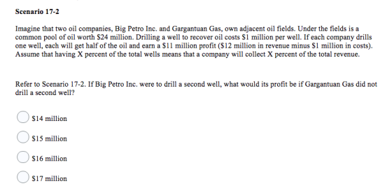 Scenario 17-2 Imagine that two oil companies, Big Petro Inc. and Gargantuan Gas, own adjacent oil fields. Under the fields is