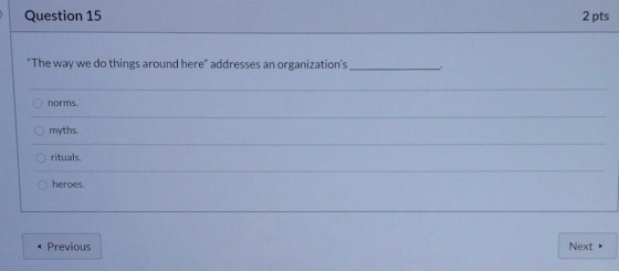 Question 15 2 pts The way we do things around here addresses an organizations O norms. myths. rituals. heroes. < Previous