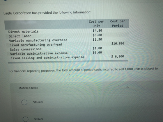 Lagle Corporation has provided the following information: cost per Period Cost per Unit $4.80 $3.80 $1.50 Direct materials Di