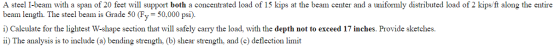 A steel I-beam with a span of 20 feet will support both a concentrated load of 15 kips at the beam center and a uniformly dis