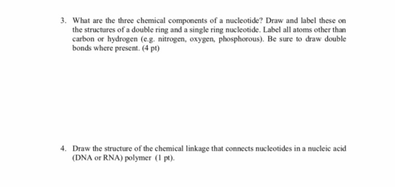 . What are the three chemical components of a nucleotide? Draw and label these on the structures of a double ring and a singl