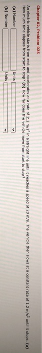 Chapter 02, Problem 025 An electric vehicle starts from rest and accelerates at a rate of 2.2 m/s in a straight line until it