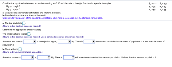 Consider the hypothesis statement shown below using a = 0.10 and the data to the right from two independent samples. HO: H1 -