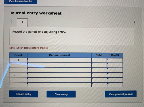 View transaction list Journal entry worksheet Record the period-end adjusting entry. Note: Enter debits before credits. Event