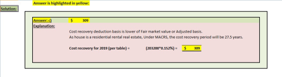 Answer is highlighted in yellow: Solution: $ 309 Answer: c) Explanation: Cost recovery deduction basis is lower of Fair marke