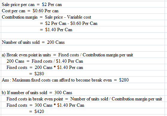 Sale price per can-S2 Per can Cost per can$0.60 Per can Contribution margin- Sale price - Variable cost - S2 Per Can S0.60 Per Can - S1.40 Per Can Number of units sold - 200 Cans a) Break even point in units - Fixed costs / Contribution margin per unit 200 Cans Fixed costs $1.40 Per Can Fixed costs 200 Cans * S 1.40 Per can -$280 Ans : Maximum fixed costs can afford to become break even = $280 b) If number of units sold300 Cans Fixed costs 300 Cans$1.40 Per Can $420