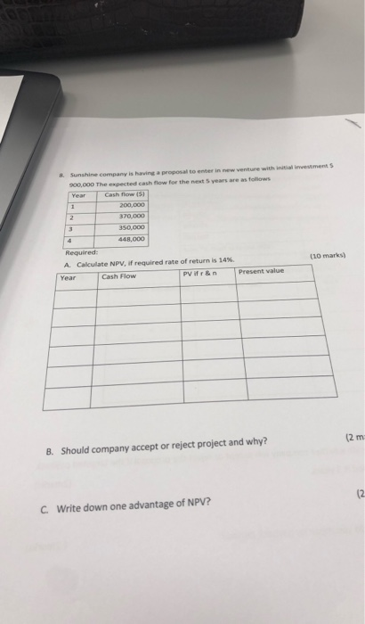 ments Sunshine company is having a proposal to enter in new venture with initiale 900,000 The expected cash flow for the next