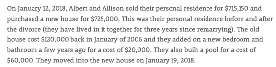 On January 12, 2018, Albert and Allison sold their personal residence for $715,150 and purchased a new house for $725,000. Th