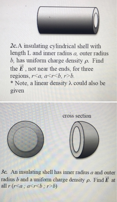 2c. A insulating cylindrical shell with length L and inner radius a, outer radius b, has uniform charge density p. Find the E, not near the ends, for three regions, ra, arb, r>b. * Note, a linear density A could also be given cross section 3c. An insulating shell has inner radius a and outer radius b and a uniform charge density p. Find E at all r (ra; arb; r> b)