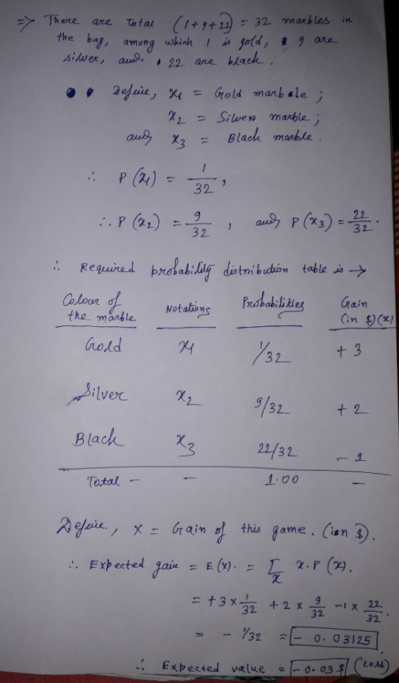 2> There (1+3+ t 2232 marhles i are total the bag ½ = Silven marble auBy χ3 Black marble. 32 Required bulabiliydintnibuhon table do → Colour σ hold 지 32 t3 Blach 21/ 32 1 Total 1.00 -. Expected gain. R(x). χ.r (3) 2. P (2) .. = : 32o. 03125