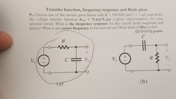 the voltage transfer function Avi) Vo(s)/Vin(s) (s-plane representation) for your selected circuit. What is the frequency response for this circuit (both magnitude and phase)? What is the corner frequency in Hz and rad/sec? What kind of filter is this? (2+2+1+1) points 1 Vi ?.