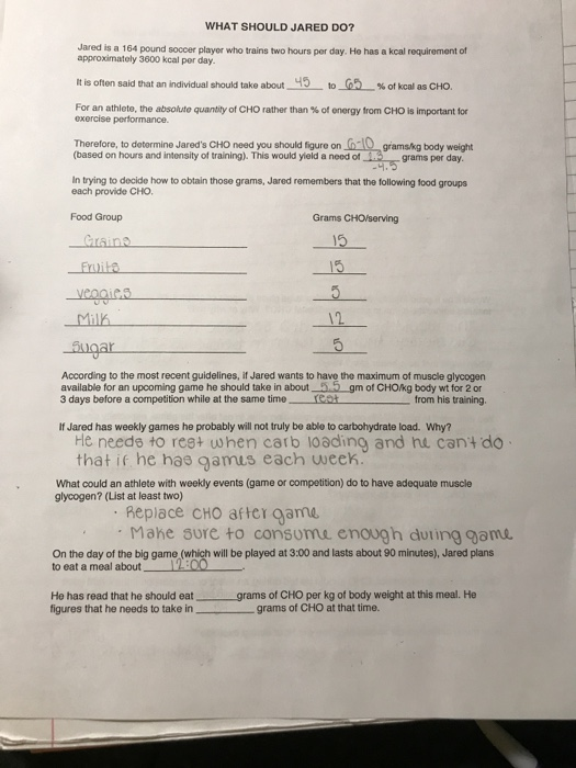 WHAT SHOULD JARED DO? Jared is a 164 pound soccer player who trains two hours per day. He has a kcal requirement of approxima