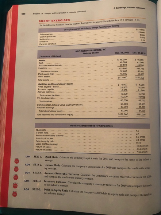 Cambridge Business Publishers e ments Chapter 13 Analysis and intereson of Financ SHORT EXERCISES Use the following financial