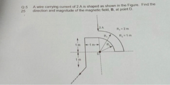 0.5 A wire carrying current of 2 A is shaped as shown in the Figure. Find the direction and magnitude of the magnetic field,
