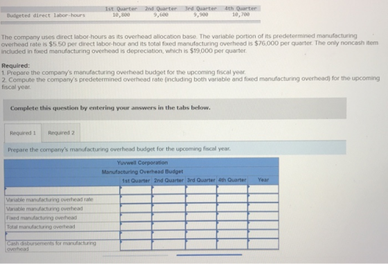 1st Quarter 2nd Quarter 3rd Quarter 4th Quarter Budgeted direct labor-hours 10,800 9,600 9,908 10,780 The company uses direct labor-hours as its overhead allocation base. The variable portion of its predetermined manufacturing overhead rate is $5.50 per direct labor-hour and its total fixed manufacturing overhead is $76,000 per quarter. The only noncash item included in fixed manufacturing overhead is depreciation, which is $19,000 per quarter Required 1. Prepare the companys manufacturing overhead budget for the upcoming fiscal year 2 Compute the companys predetermined overhead rate (including both variable and fixed manufacturing overhead) for the upcoming fiscal year Complete this question by entering your answers in the tabs below Required 1 Required 2 Prepare the companys manufacturing overhead budget for the upcoming fiscal year Yuvwell Corporation Manufacturing Overhead Budget 1st Quarter 2nd Quarter 3rd Quarter 4th QuarterYear Variable manufacturing overhead rate Variable manufacturing overhead Fixed manufacturing overhead Total manufacturing overhead Cash disbursements for manufacturing overhead
