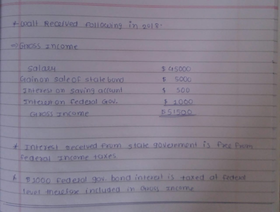 coalt Received rollocwing in 2018 Salauy ainon sale of state bond $ 15000 5 5000 5 500 1000 SSI50O Intesest on Saving ac(ount mtaur on fedeal Gov. CHOOSS Income feaera ncone taxes eral gov bond intcacal is taxed at fedes Leves theratoe included in Guoss ncome