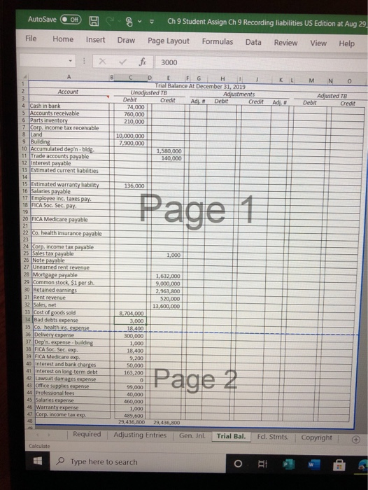 AutoSave OH TO Ch 9 Student Assign Ch 9 Recording liabilities US Edition at Aug 29. File Home Insert Draw Page Layout Formula