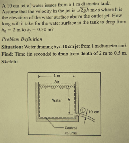 A 10 cm jet of water issues from a 1 m diameter tank Assume that the velocity in the jet is /2gh m/s where h is the elevation of the water surface above the outlet jet. How long will it take for the water surface in the tank to drop from ho 2 m to h 0.50 m? Problem Definition Situation: Water draining by a 10 cm jet from 1 m diameter tank. Find: Time (in seconds) to drain from depth of 2 m to 0.5 m. Sketch: Air Water h /10 cm Control volume