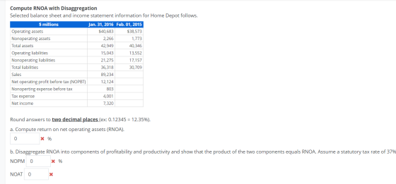 Compute RNOA with Disaggregation Selected balance sheet and income statement information for Home Depot follows. $ millions J