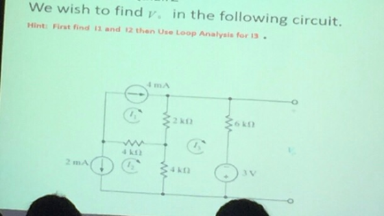 We wish to find v in the following circuit. Hint: First find 11 and 12 then Use Loop Analysis for 13 4 MA 2 k12 6kO 2 mA 3V