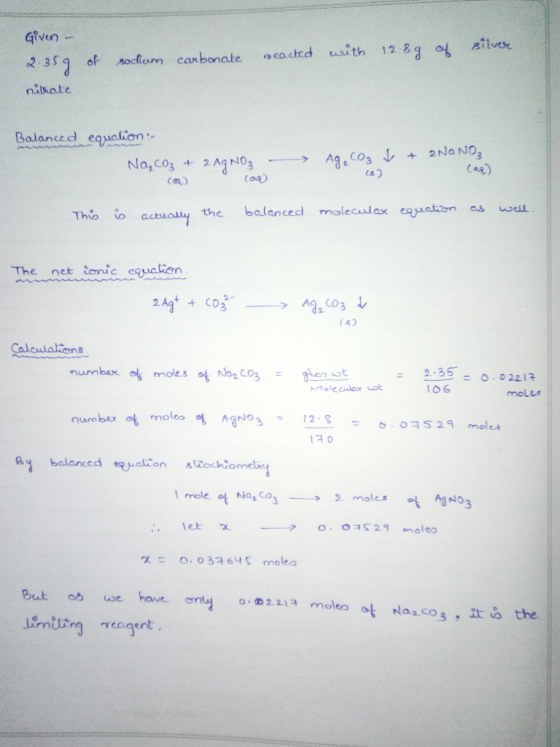nituate Balanced equalion No, Cos 2Ag 103 (ax) Cam) the balanced moleculax eaton as uwel The net tonic equatien Calculalions