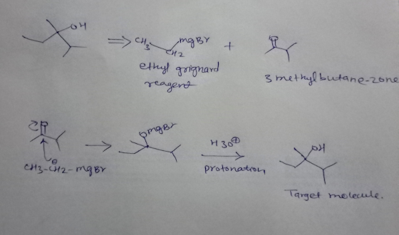 04 - 3 q. -> che mg By + ethyl grignard reagent 3 methylbutane-zone CR В р 4300 CH3-112-mg Br protonation Target molecule.