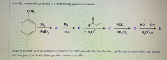Identify compounds A, C, D and E in the following synthetic sequence: OCH, Bri Mg PCC но он D- - E FeBr ether 2. Ho CH, CI, H