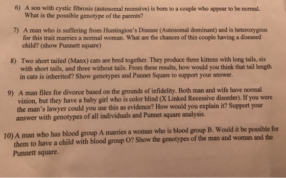 6) A son with cystic fibrosis (autosomal recessive) is born to a couple who appear to be normal. What is the possible genotyp