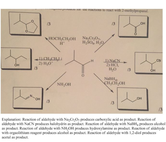 U the reactions to react with 2-methylpropanal. HOCH,CH,OH H Na,Cr,O, H2SO,H,O/ 1) CH.CH.Li 2) H20 ОН 1 NaCN 2) HCI, H2O OH N