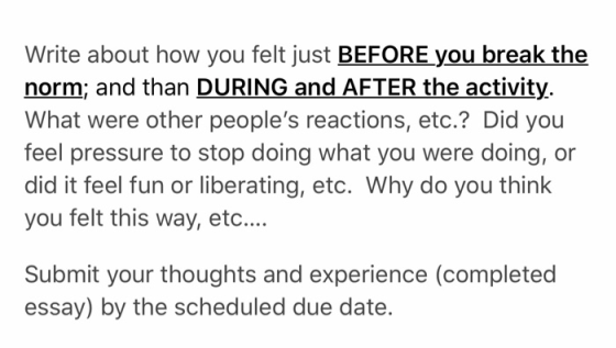 Write about how you felt just BEFORE you break the norm; and than DURING and AFTER the activity What were other peoples reac