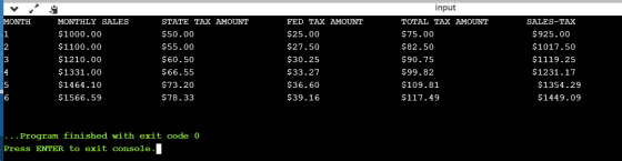 MONTH au WN MONTHLY SALES $1000.00 $1100.00 $1210.00 $1331.00 $1464.10 $1566.59 STATE TAX AMOUNT $50.00 $55.00 $60.50 $66.55