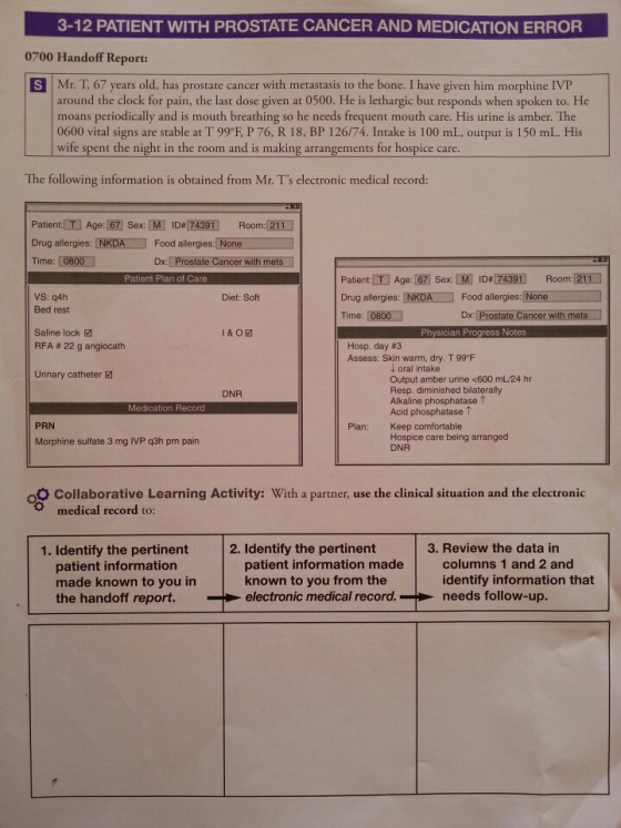 3-12 PATIENT WITH PROSTATE CANCER AND MEDICATION ERROR 0700 Handoff Report: S Mr. T, 67 years old, has prostate cancer with metastasis to the bone. I have given him morphine IVP around the clock for pain, the last dose given at 0500. He is lethargic but responds when spoken to. He moans periodically and is mouth breathing so he needs frequent mouth care. His urine is amber. The 0600 vital signs are stable at T 99°F P 76, R 18, BP 126/74. Intake is 100 mL, output is 150 mL. His wife spent the night in the room and is making arrangements for hospice care. The following information is obtained from Mr. Ts electronic medical record PatientEn Age:GZ Sex: M ID#[74391 Room:211 Drug allergies: INKDA Food allergies: None Time: 0800 Dx1ProstateCancerwith mets PatienEE Age:团Sex:11 ID#[74891 Room:[211] Drug allergies: INKDA Food allergies: None Patient Plan of Care S: q4h Bed rest Diet: Soft Dx: Saline lock RFA # 22 g angiocath Physician Progress Notes Hosp. day #3 Assess: Skin warm, dry. T 99°F L oral intake Output amber urine <600 mL/24 hr Resp. diminished bilaterally Alkaline phosphatase T Acid phosphatase T Urinary catheter DNR Medication Record PRN Plan: Keep comfortable Morphine sulfate 3 mg IVP q3h prn pain Hospice care being arranged DNR O Collaborative Learning Activity: With a partner, use the clinical situation and the electronic medical record to: 1. Identify the pertinent 2. Identify the pertinent 3. Review the data in patient information made known to you in patient information madecolumns 1 and 2 and known to you from the electronic medical record.needs follow-up. identify information that the handoff report.