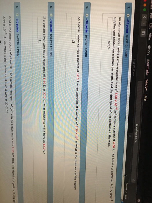 lle Edit View History Bookmarks Window Help Student Home Lesson 17-Quiz 3. An aluminum wire having a cross-sectional area of