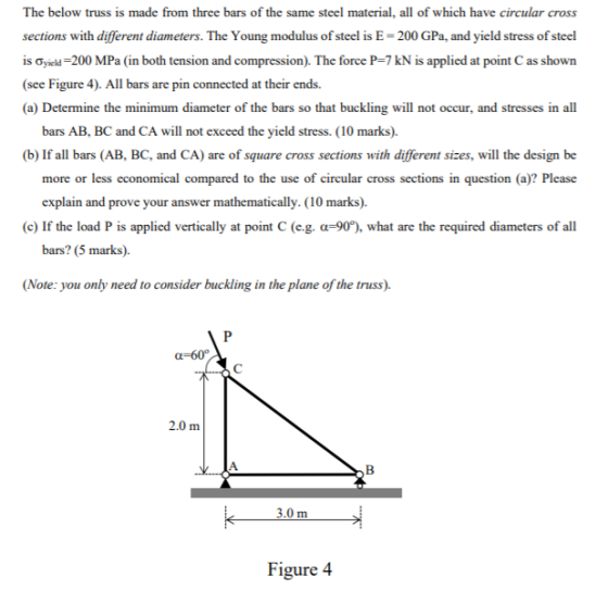 The below truss is made from three bars of the same steel material, all of which have circular cross sections with different