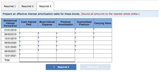 Required 1 Required 2 Required 3 Prepare an effective interest amortization table for these bonds. (Round all amounts to the