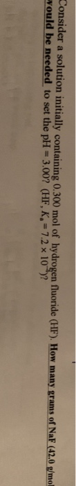 Consider a solution initially containing 0.300 mol of hydrogen fluoride (HF). How many grams of Naf (42.0 /mo vould be needed