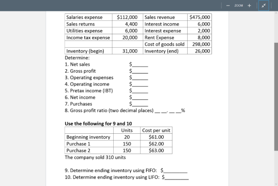 - ZOOM + $475,000 6,000 2,000 8,000 298,000 26,000 Salaries expense $112,000 Sales revenue Sales returns 4,400 Interest incom